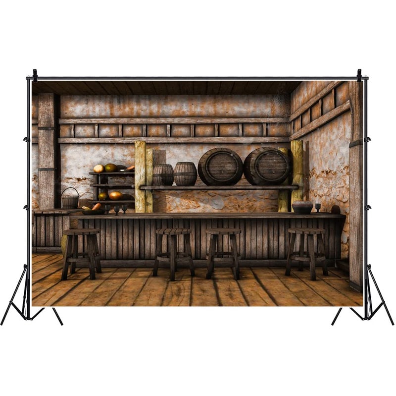 Laeacco 7x5ft Shabby Western Saloon Backdrop West Tavern Backdrop Rustic Old Wall Wooden Bar Counter Western Cowboy Background Wild West Theme Birthday Baby Shower Party Supplies - Image 2